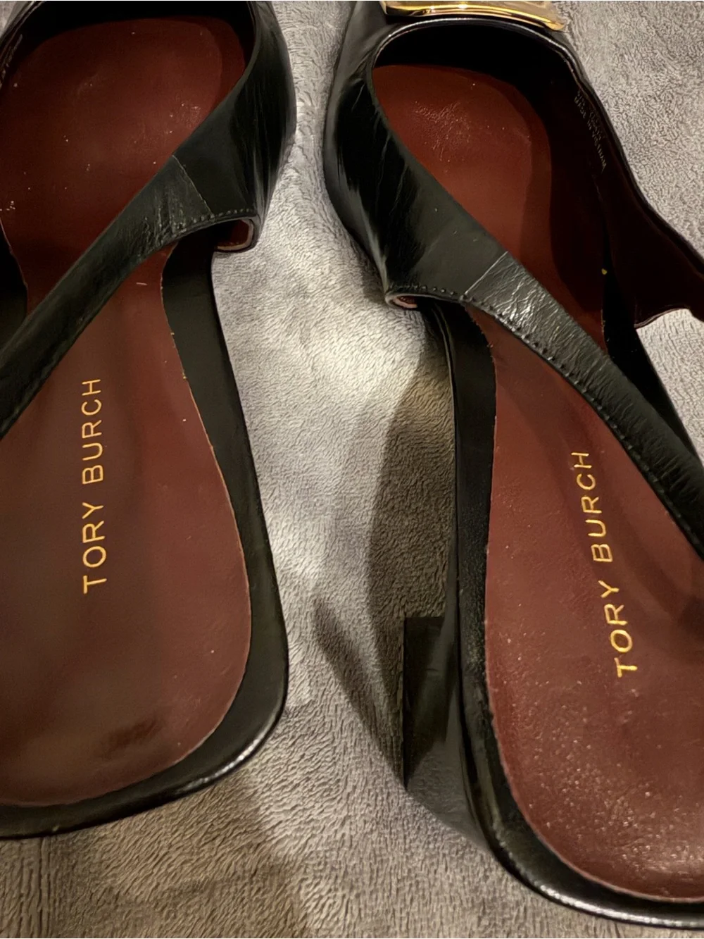 Tory Burch Black Leather Slingback Mules with Gold Plaques